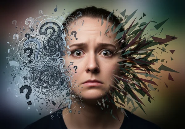 Person looking confused, surrounded by abstract thoughts