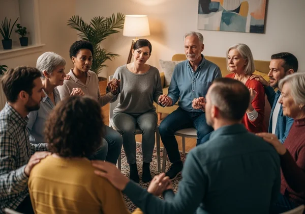 Diverse group of people supporting each other in a circle