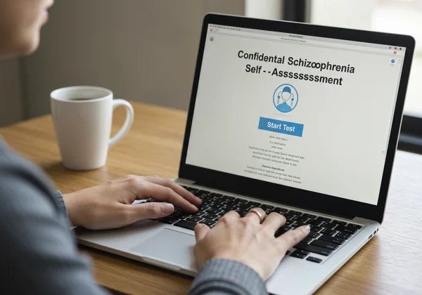 Person taking a confidential online schizophrenia test.
