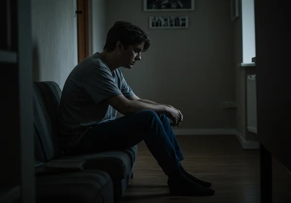 Personne semblant repliée sur elle-même, symbolisant les signes avant-coureurs de la schizophrénie.