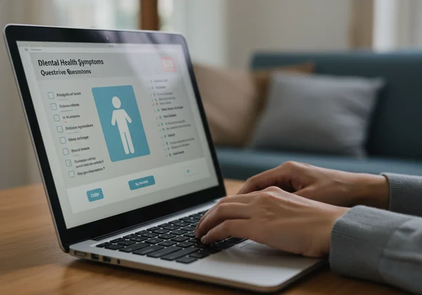 Personne effectuant une auto-évaluation confidentielle en ligne pour la schizophrénie.