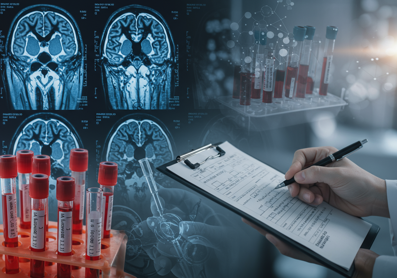 Diverse medical diagnostic tools, lab results, MRI, blood