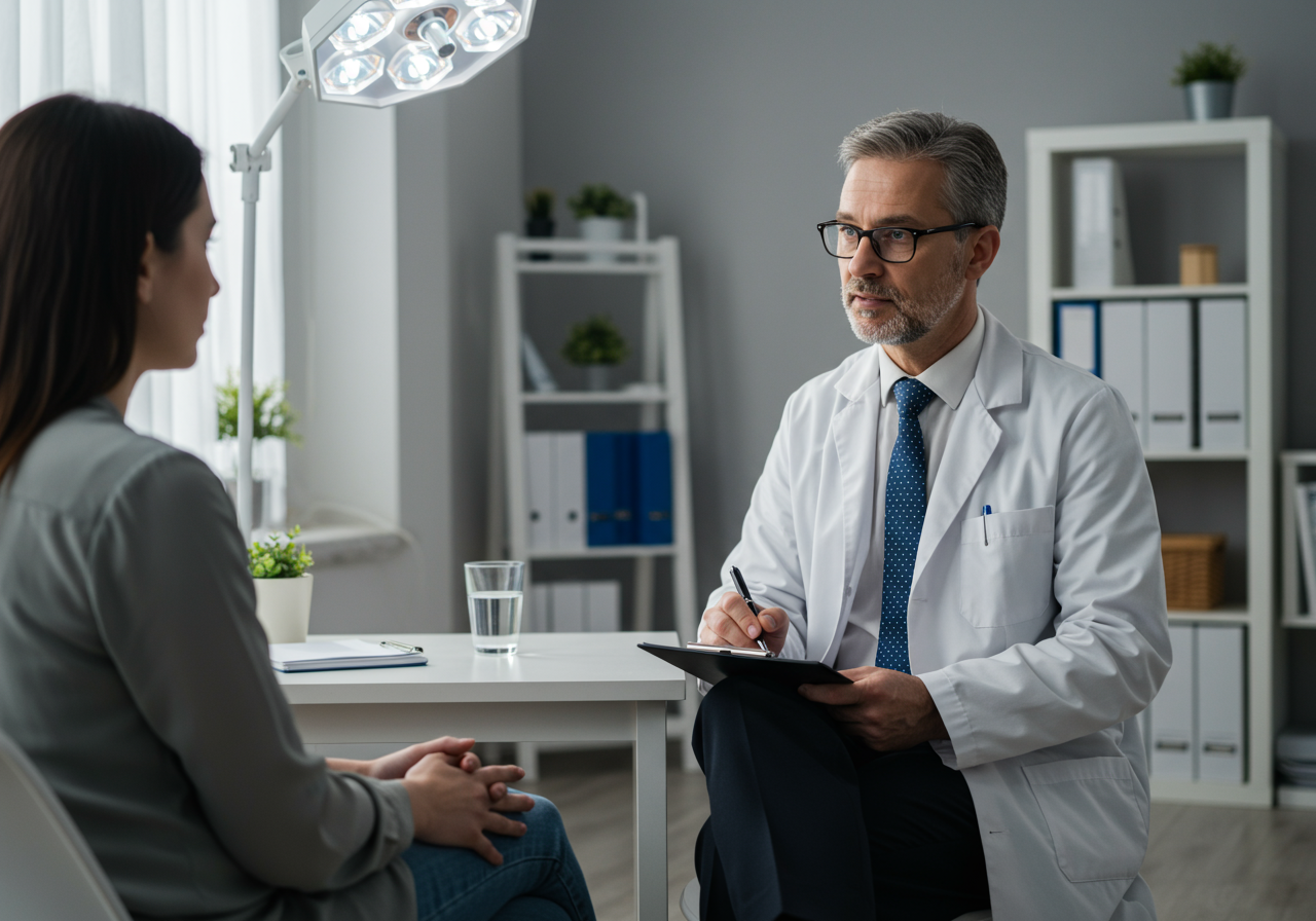 Psychiatrist interviewing a patient in a clinical setting