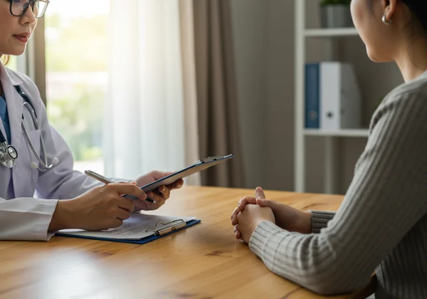 A doctor and patient discussing mental health test results.
