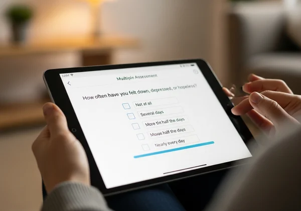 A person taking an online schizophrenia assessment on a tablet