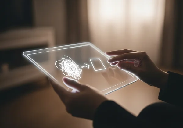 A person sitting at a desk, thoughtfully filling out a self-assessment form on a tablet.