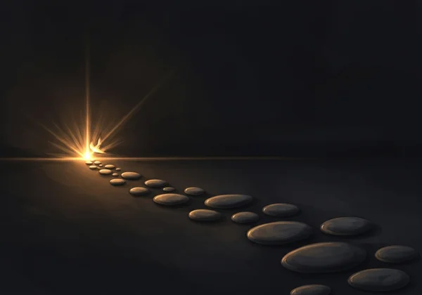 A warm lantern casting a gentle light on a path in the dark, symbolizing hope and guidance.